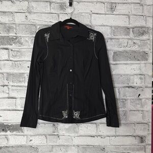 Jane Blue Black Western Embroidered Long Sleeve Button Down Shirt